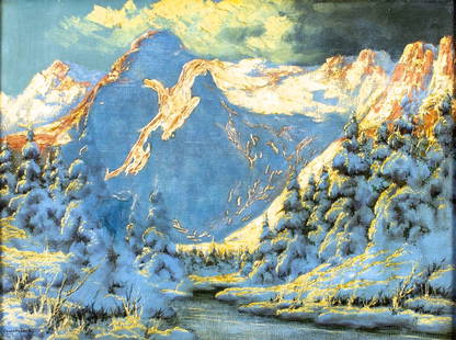 Laszlo Neogrady (Hungary,1896-1962) oil painting: ARTIST: Laszlo Neogradi (Hungarian, 1896 - 1962) TITLE: Winter Mountain Landscape MEDIUM: oil on canvas CONDITION: One small patch. Missing a few flakes of paint. No visible inpaint under UV light. Sm