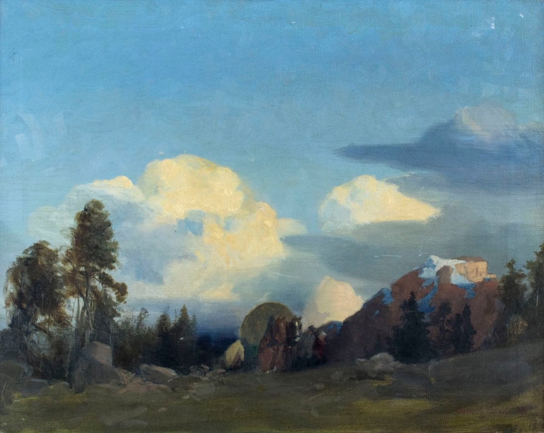 Clarence Braley (MA,1854-1927) oil painting antique: ARTIST: Clarence E Braley (Massachusetts, 1854 - 1927) NAME: Landscape with Horse Drawn Wagon YEAR: 1916 MEDIUM: oil on canvas CONDITION: Few very minor scratches. Minor craquelure. No visible inpaint