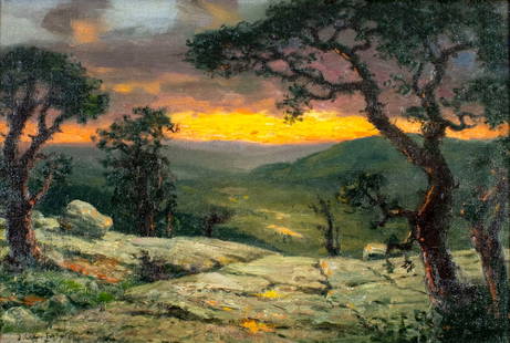 John C Forbes (Canada,1846-1925) oil painting antique: ARTIST: John Colin Forbes (Canadian, 1846 - 1925) TITLE: Sunset Landscape, Lake Mohouk, MS MEDIUM: oil on canvas CONDITION: Two patches. Missing a few flakes of paint. Minor craquelure. Some scattered