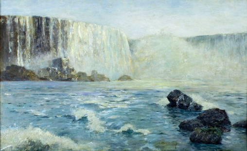 Gustav Wendling (German,1862-1932) oil painting antique: ARTIST: Gustav Wendling (Germany, 1862 - 1932) TITLE: Waterfall Landscape MEDIUM: oil on canvas CONDITION: Relined. Few small scratches/paint losses by the lower left corner. Minor paint losses. Some