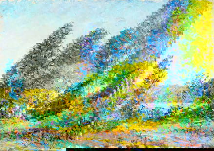 Albert Herman Schmidt (NM,IL,1883-1957) oil painting: ARTIST: Albert Herman Schmidt (New Mexico, Illinois, 1883 - 1957) NAME: Landscape - Summer in the Country MEDIUM: oil on canvas board CONDITION: One small paint loss by the upper edge. No visible inpa