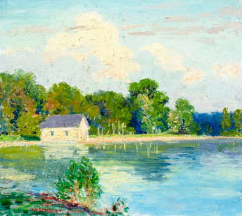 Albert Herman Schmidt (NM,IL,1883-1957) oil painting: ARTIST: Albert Herman Schmidt (New Mexico, Illinois, 1883-1957) NAME: Landscape - House on Lake MEDIUM: oil on canvas board CONDITION: Very good. No visible inpaint under UV light. SIGHT SIZE: 14 x 16