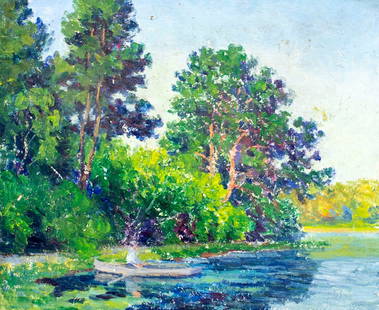 Albert Herman Schmidt (NM,IL,1883-1957) oil painting: ARTIST: Albert Herman Schmidt (New Mexico, Illinois, 1883-1957) NAME: Landscape - Trees and Figure in Canoe MEDIUM: oil on canvas board CONDITION: Few minor paint losses. No visible inpaint under UV l