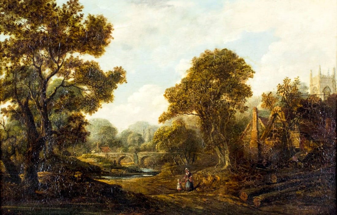 James Stark (UK,1794-1859) oil painting antique: ARTIST: James Stark (British, 1794 - 1859) NAME: Landscape with Cottage MEDIUM: oil on board CONDITION: Board has few cracks. Some craquelure. Some small scattered inpaintings/touch ups. Minor damages