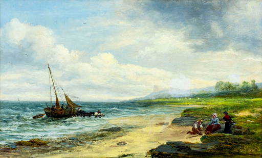 Mark Edwin Dockree (UK,1858-1890) oil painting antique: ARTIST: Mark Edwin Dockree (British, 1858 - 1890) NAME: Coastal Landscape with Fishing Boat MEDIUM: oil on canvas CONDITION: Minor stable craquelure. Two inpainted areas (biggest 1 1/2" x 1 1/2"). SIG