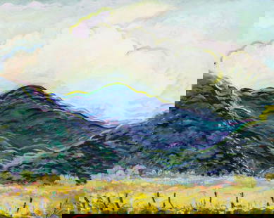 M C Luther (NM,20C) oil painting: ARTIST: M C Luther (New Mexico, 20 century) NAME: Landscape MEDIUM: oil on board CONDITION: Normal wear to edges and corners. No visible inpaint under UV light. SIGHT SIZE: 19 x 24 inches / 48 x 60 cm