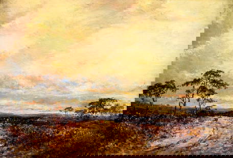 Joseph Thors (Dutch,UK,1835-1900) oil painting antique: ARTIST: Joseph Thors (Netherlands, British, c.1835 - 1900) NAME: Sunset Landscape MEDIUM: oil on board CONDITION: Normal wear along edges. No visible inpaint under UV light. Some damages to frame. SIG