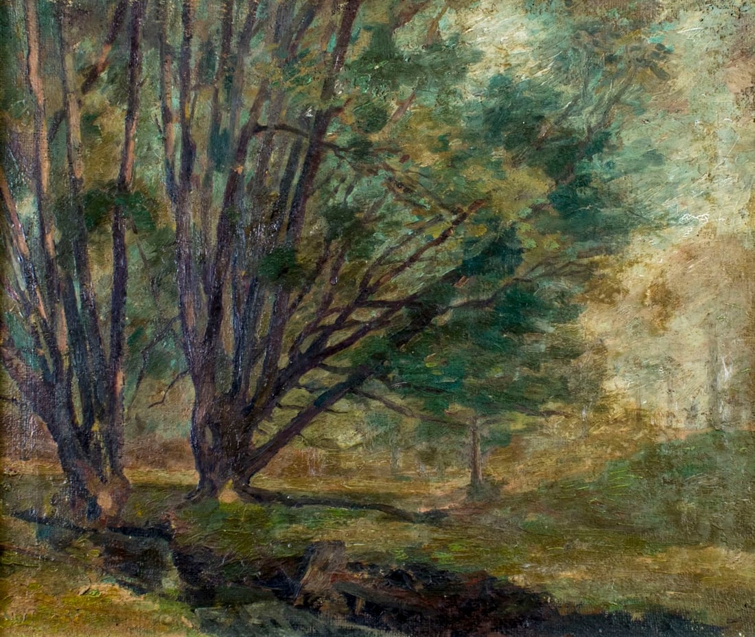 Eli Maybee (NY,FL,France,1881-1950) oil painting: ARTIST: Eli Delbert Maybee (New York, Florida, French, 1881 - 1950) TITLE: Landscape MEDIUM: oil on canvas CONDITION: Very good. Minor craquelure. No visible inpaint under UV light. Wear to frame. ART