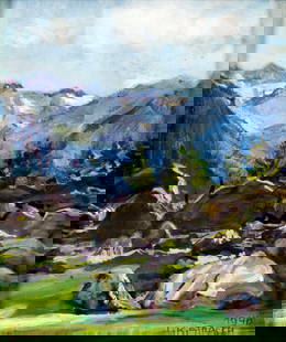 ATTRIB Ludwig Strauch (Austria,1875-1959) oil painting: ARTIST: ATTRIBUTED TO Ludwig Karl Strauch (Austrian, 1875 - 1959) TITLE: Mountain Landscape YEAR: 1946 MEDIUM: oil on board CONDITION: Very good. No visible inpaint under UV light. ART SIZE: 10 x 8 in