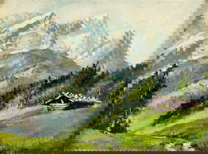 Wilhelm Neumayer (German,1912-1991) oil painting: ARTIST: Wilhelm Neumayer (Germany, 1912 - 1991) TITLE: Alpine Landscape MEDIUM: oil on board CONDITION: Very good. No visible inpaint under UV light. Wear to frame. ART SIZE: 7 x 10 inches / 17 x 25 c