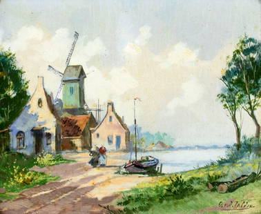 Van der Velden (Dutch,mid 20C) oil painting: ARTIST: Van der Velden (Holland, mid 20 century) TITLE: Village Scene MEDIUM: oil on board CONDITION: Very good. No visible inpaint under UV light. Minor damages to frame. ART SIZE: 8 x 10 inches / 20