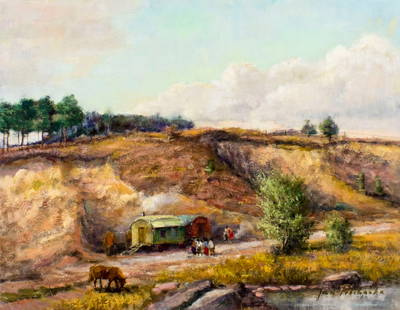 Jan Prochazka (Czech,b 1957) oil painting: ARTIST: Jan Prochazka (Czech Republic, born 1957) NAME: Landscape with Gypsy Camp MEDIUM: oil on canvas CONDITION: Unstretched (In-House stretching available). Very good. No visible inpaint under UV l