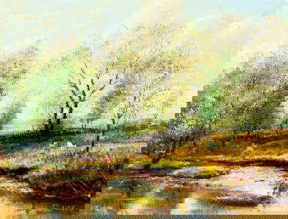 Jan Prochazka (Czech,b 1957) oil painting: ARTIST: Jan Prochazka (Czech Republic, born 1957) NAME: River Country Landscape MEDIUM: oil on canvas CONDITION: Unstretched (In-House stretching available). Very good. No visible inpaint under UV lig