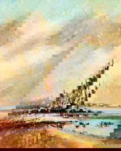 Laszlo Ritter (Hungary,1937-2003) oil painting: ARTIST: Laszlo Michael Ritter (Hungarian, 1937 - 2003) NAME: Coastal Landscape with Fishing Boats MEDIUM: oil on canvas CONDITION: Unstretched (In-House stretching available). Very good. No visible in