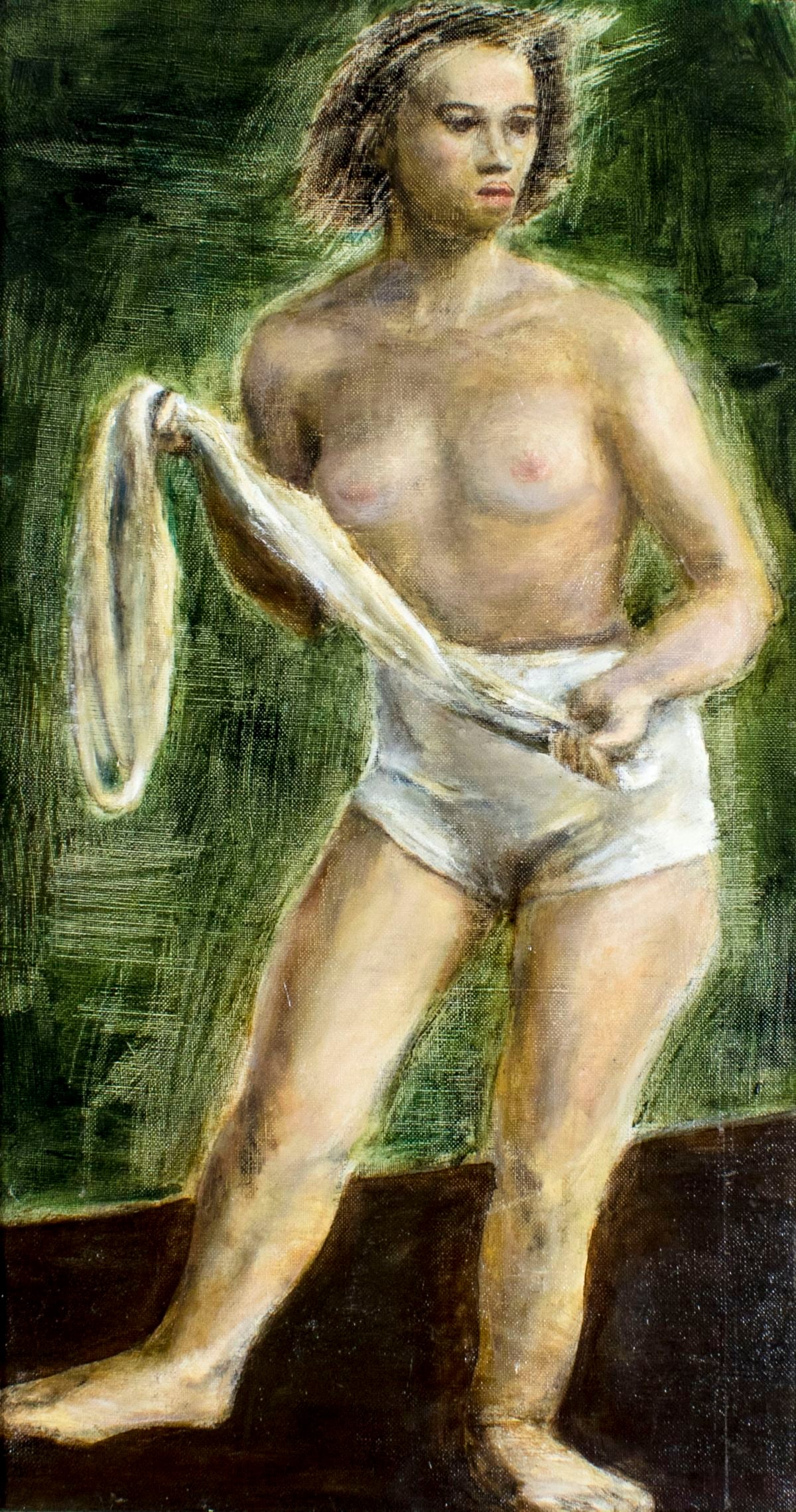 Anne Helioff (NY,UK,1910-2001) oil painting: ARTIST: Ann Graile Helioff (New York, England, 1910 - 2001) NAME: Nude MEDIUM: oil on canvas CONDITION: Very good. No visible inpaint under UV light. SIGHT SIZE: 22 x 12 inches / 55 x 30 cm FRAME SIZE