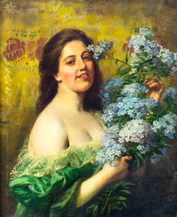 Elisabeth Angyalffy (Hungary,1861-1940) oil painting antique: ARTIST: Elisabeth Angyalffy (Hungarian, 1861 - 1940) NAME: Portrait of Woman with Flowers MEDIUM: oil on canvas CONDITION: Repaired T-shaped tear 7" total length in lower right corner. Minor stable cr