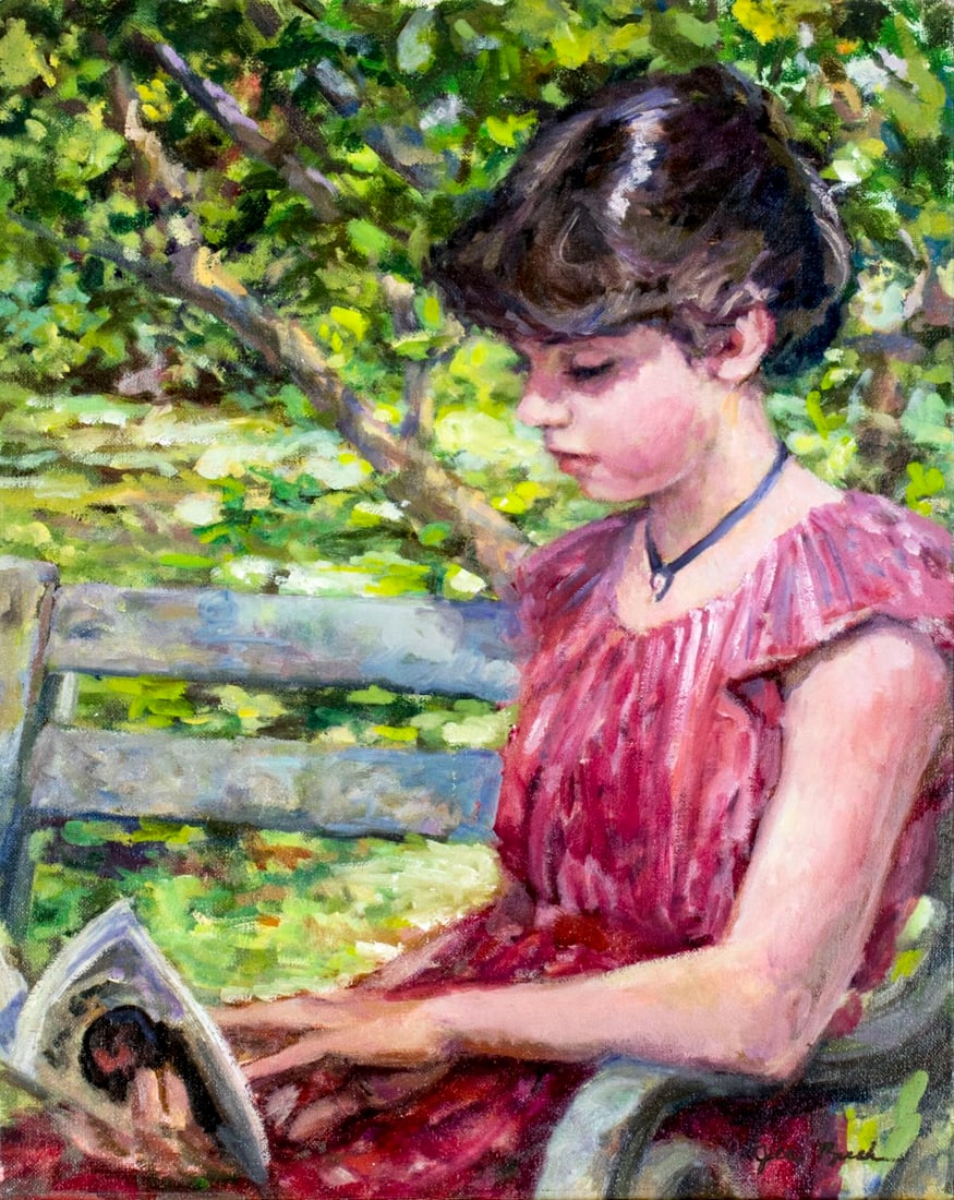 Jill Lobdill Bush (TX,NE,b 1942) oil painting: ARTIST: Jill Lobdill Bush (Texas, Nebraska, born 1942) NAME: Portrait of Reading Girl MEDIUM: oil on canvas CONDITION: Relined. No visible inpaint under UV light. SIGHT SIZE: 20 x 16 inches / 50 x 40 