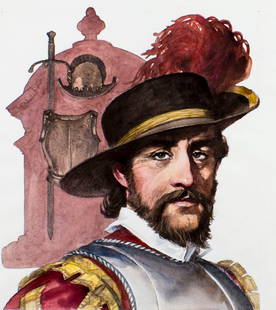 Tom McNeely (Canada,1935-?) watercolor painting: ARTIST: Tom McNeely (Canadian, 1935 - ???) TITLE: Juan Ponce de Leon YEAR: 1982 MEDIUM: watercolor on paper. Paper applied to board. CONDITION: Very good. ART SIZE: 22 x 17 inches / 55 x 43 cm BOARD S