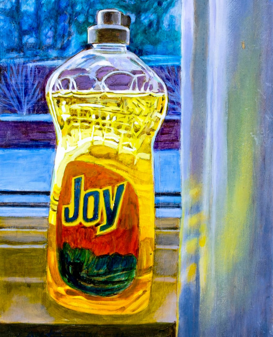 John Lautermilch (MO,b 1938) oil painting: ARTIST: John Lautermilch (Missouri, born 1938) TITLE: Joy (titled on label) YEAR: 2004 MEDIUM: oil on board CONDITION: Very good. No visible inpaint under UV light. ART SIZE: 11 x 9 inches / 27 x 22 c