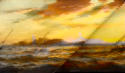 Warren Sheppard (NJ,1858-1937) oil painting antique: ARTIST: Warren W Sheppard (New Jersey, 1858 - 1937) TITLE: Rounding Isle of Shoel Lighthouse YEAR: 1886 MEDIUM: oil on canvas CONDITION: Relined. Some stable craquelure. Some scattered inpaintings. So