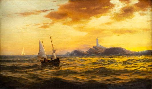 Warren Sheppard (NJ,1858-1937) oil painting antique: ARTIST: Warren W Sheppard (New Jersey, 1858 - 1937) TITLE: Rounding Isle of Shoel Lighthouse YEAR: 1886 MEDIUM: oil on canvas CONDITION: Relined. Some stable craquelure. Some scattered inpaintings. So