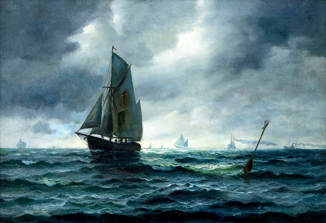 Vilhelm Victor Bille (Denmark,1864-1908) oil painting antique: ARTIST: Vilhelm Victor Bille (Danish, 1864 - 1908) TITLE: Seascape with Fishing Boats MEDIUM: oil on canvas CONDITION: Missing a few flakes of paint. Some craquelure. Some small scattered inpaintings/