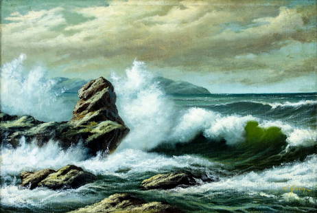 Eugene Garin (Russia,1922-1994) oil painting: ARTIST: Eugene Garin (Russian, 1922 - 1994) TITLE: Stormy Seascape MEDIUM: oil on canvas CONDITION: Missing a few flakes of paint. Some craquelure. Some small scattered inpaintings. ART SIZE: 16 x 24