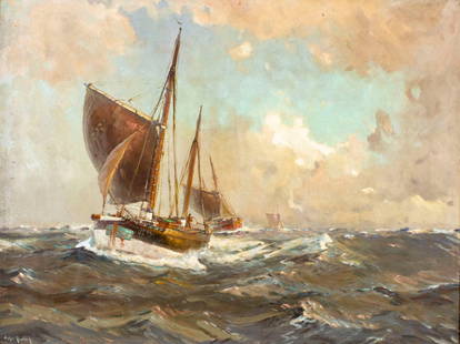 Carl Winkler Hagedorn (German,1897-?) oil painting: ARTIST: Carl Friedrich Winkler Hagedorn (Germany, 1897 - ???) TITLE: Seascape with Fishing Boats MEDIUM: oil on board CONDITION: Small paint losses. Some scattered inpaintings. Some damages to frame.