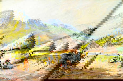 Alfred Van Coillie (Dutch,1907-1973) oil painting: ARTIST: Alfred Van Coillie (Netherlands, 1907 - 1973) TITLE: African Village Scene - Unexpected Guest MEDIUM: oil on board CONDITION: Missing a few flakes of paint. No visible inpaint under UV light.