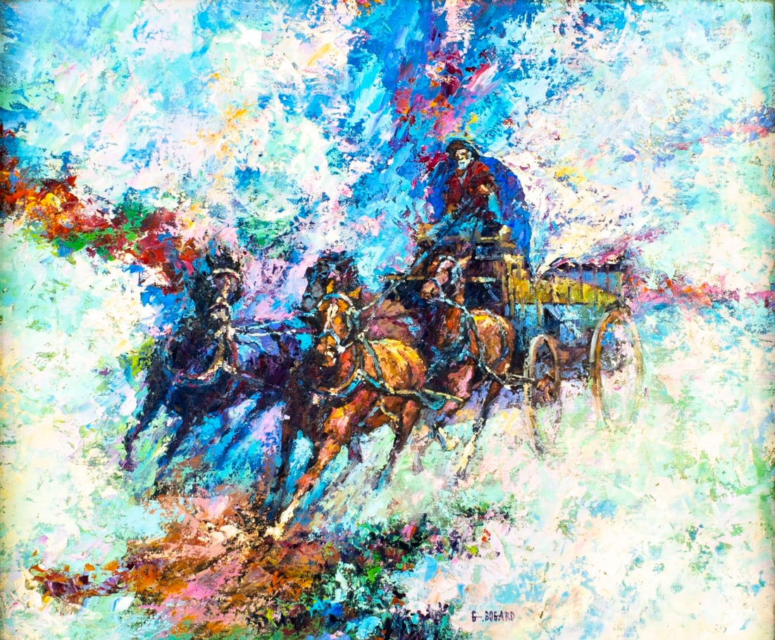 Gerald Bogard (CA,20C) oil painting: ARTIST: Gerald Bogard (California, 20 century) TITLE: Horse Drawn Wagon MEDIUM: oil on canvas CONDITION: Minor craquelure. No visible inpaint under UV light. Wear to frame. ART SIZE: 20 x 24 inches / 