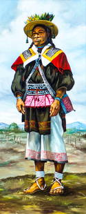 David Cardenas (Mexico,20C) oil painting: ARTIST: David Cardenas (Mexican, 20 century) NAME: Indian Chief MEDIUM: oil on canvas CONDITION: Very good. No visible inpaint under UV light. SIGHT SIZE: 27 x 12 inches / 68 x 30 cm FRAME SIZE: 32 x