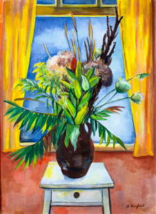 Bernard Karfiol (NY,NJ,Hungary,1886-1952) oil painting: ARTIST: Bernard Karfiol (New York, New Jersey, Hungarian, 1886 - 1952) TITLE: Still Life with Vase of Flowers MEDIUM: oil on canvas CONDITION: Minor paint losses. Few faint scratches. No visible inpai