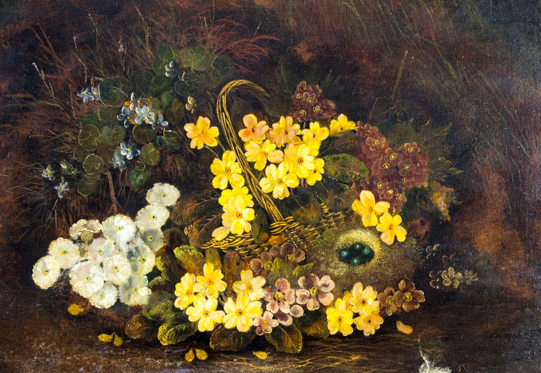 Antique 19C European oil painting: ARTIST: - (Europe, 19 century) TITLE: Still Life with Basket of Flowers MEDIUM: oil on canvas. Canvas applied to board. CONDITION: Small paint losses. Minor craquelure. Few small inpaitings (biggest 1