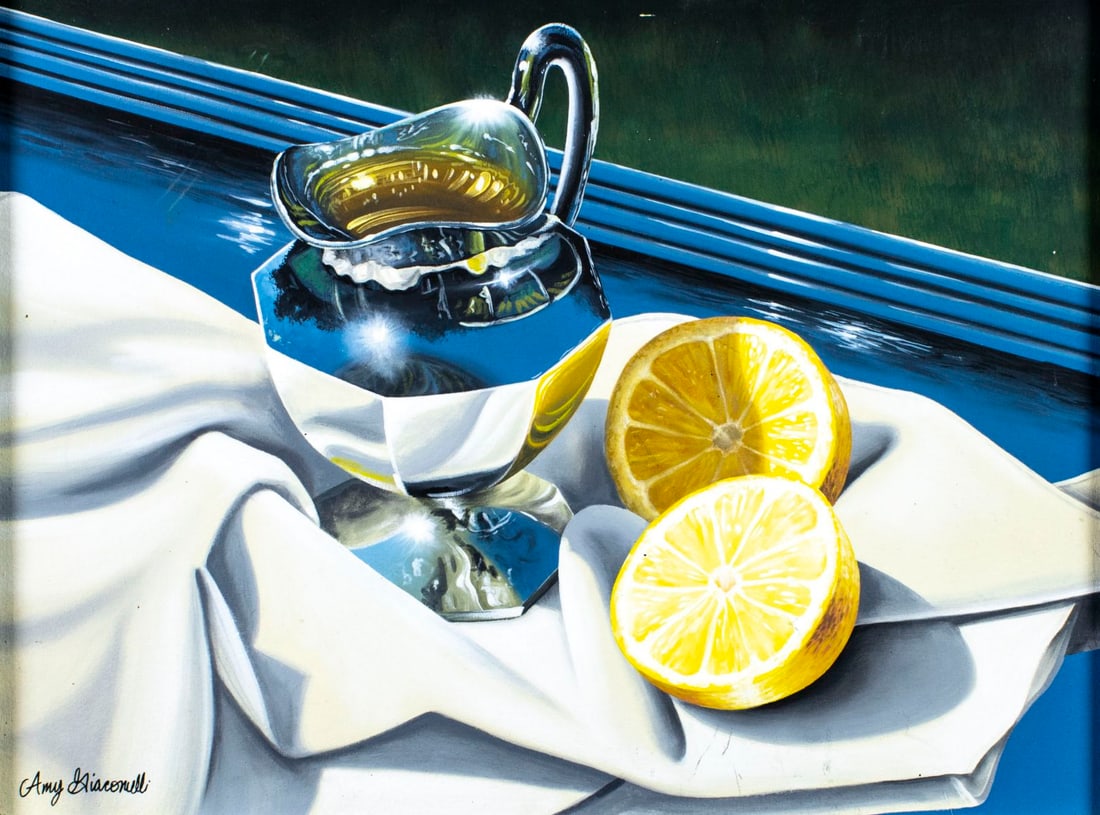 Amy Giacomelli (CO,20/21C) oil painting: ARTIST: Amy Giacomelli (Colorado, 20/21 centuries) TITLE: Still Life with Pitcher and Lemons under Blue Sky (titled on label) YEAR: 2004 MEDIUM: oil on canvas CONDITION: Few faint scratches. No visibl