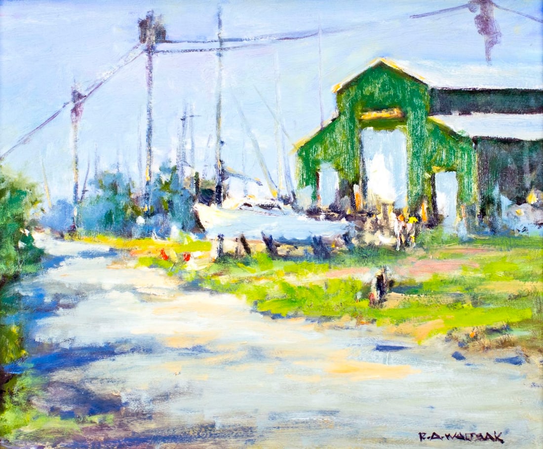 Robert Waltsak (NJ,b 1944) oil painting: ARTIST: Robert Alan Waltsak (New Jersey, born 1944) TITLE: Beatsons Boat Yard Shed (titled on verso) YEAR: 2016 MEDIUM: oil on board CONDITION: Very good. No visible inpaint under UV light. ART SIZE: 