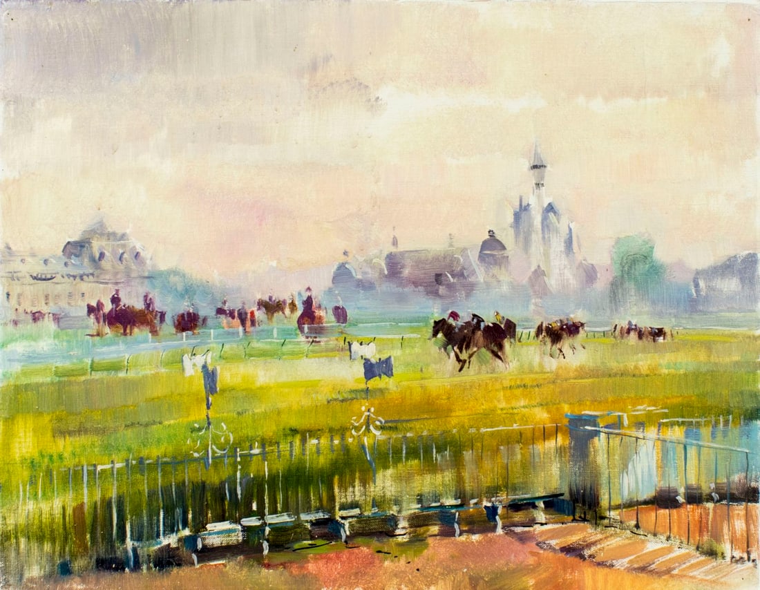 Peter Williams (NY,New Zealand,1934-2018) oil painting: ARTIST: Peter Williams (New York, New Zealand, 1934 - 2018) TITLE: European Racing MEDIUM: oil on canvas CONDITION: Very good. No visible inpaint under UV light. ART SIZE: 14 x 18 inches / 35 x 45 cm