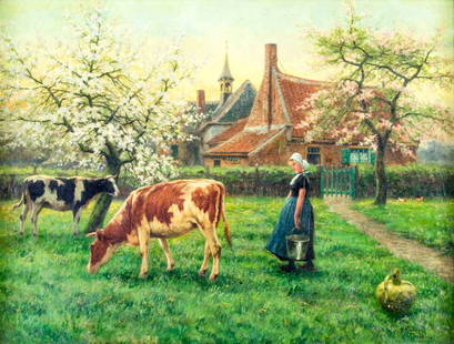 Henri Houben (Belgian,1858-1931) oil painting antique: ARTIST: Henri Houben (Belgium, 1858 - 1931) TITLE: Country Sccene with Cows MEDIUM: oil on canvas CONDITION: One small patch. Some flaking/minor paint losses along upper edge. Some craquelure. Three s