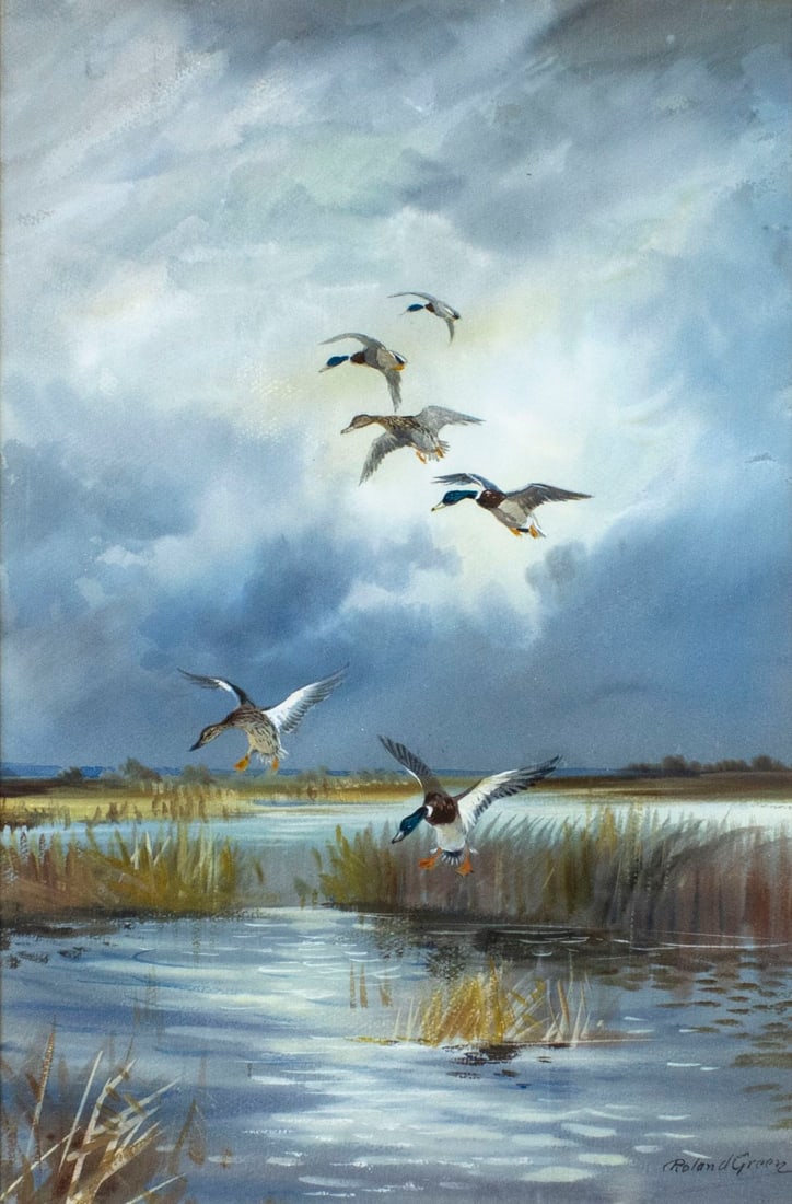 Roland Green (UK,1896-1972) watercolor painting: ARTIST: Roland Green (United Kingdom, 1896 - 1972) TITLE: Ducks in Flight MEDIUM: watercolor on paper CONDITION: Few small faint scratches. Framed under glass. ART SIZE: 18 x 12 inches / 45 x 30 cm FR