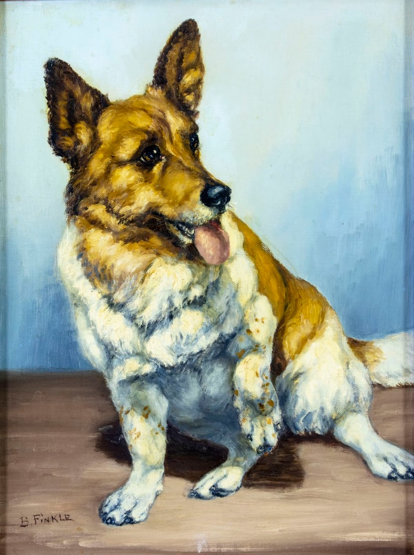B Finkle (US,20C) oil painting: ARTIST: B Finkle (American, 20 century) TITLE: Corgi Dog MEDIUM: oil on canvas board CONDITION: Few minor paint losses. No visible inpaint under UV light. ART SIZE: 16 x 12 inches / 40 x 30 cm FRAME S