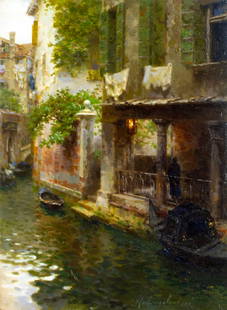 Rubens Santoro (Italy,Africa,1859-1942) oil painting: ARTIST: Rubens Santoro (Italian, Africa, 1859 - 1942) TITLE: A Venetian Canal MEDIUM: oil on board CONDITION: Few small inpaintings/touch ups. ART SIZE: 8 x 6 inches / 20 x 15 cm FRAME SIZE: unframed