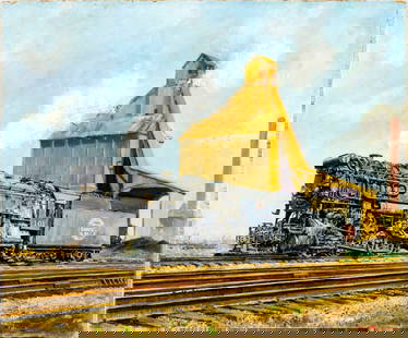 Walter Krawiec Sr (IL,Poland,1889-1982) oil painting: ARTIST: Walter Krawiec Sr (Illinois, Polish, 1889 - 1982) NAME: Locomotive and Silo MEDIUM: oil on canvas. Canvas applied to board. CONDITION: Minor paint losses mostly along edges. Some craquelure. N