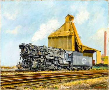 Walter Krawiec Sr (IL,Poland,1889-1982) oil painting: ARTIST: Walter Krawiec Sr (Illinois, Polish, 1889 - 1982) NAME: Locomotive and Silo MEDIUM: oil on canvas. Canvas applied to board. CONDITION: Minor paint losses mostly along edges. Some craquelure. N