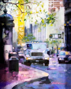 Jian Wu (China,CA,b 1942) oil painting: ARTIST: Jian Wu (Chinese, California, born 1942) TITLE: Afternoon at Market Street MEDIUM: oil on canvas board CONDITION: Very good. No visible inpaint under UV light. Wear to frame. ART SIZE: 10 x 8