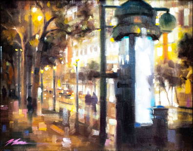 Jian Wu (China,CA,b 1942) oil painting: ARTIST: Jian Wu (Chinese, California, born 1942) TITLE: City Light 2 (titled on label) MEDIUM: oil on canvas board CONDITION: Very good. No visible inpaint under UV light. ART SIZE: 8 x 10 inches / 20