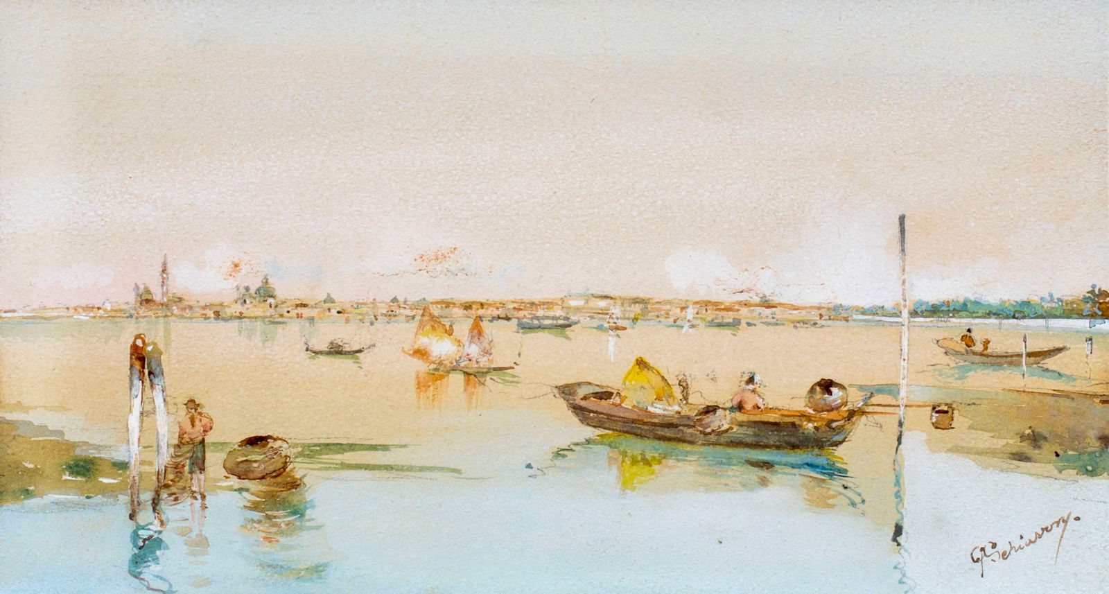 G Schiavoni (Italy,19/20C) watercolor painting antique: ARTIST: G Schiavoni (Italian, 19/20 century) NAME: Harbor Scene YEAR: circa 1900 MEDIUM: watercolor on paper. Paper applied to board. CONDITION: Some age toning. SIGHT SIZE: 5 x 9 inches / 12 x 22 cm