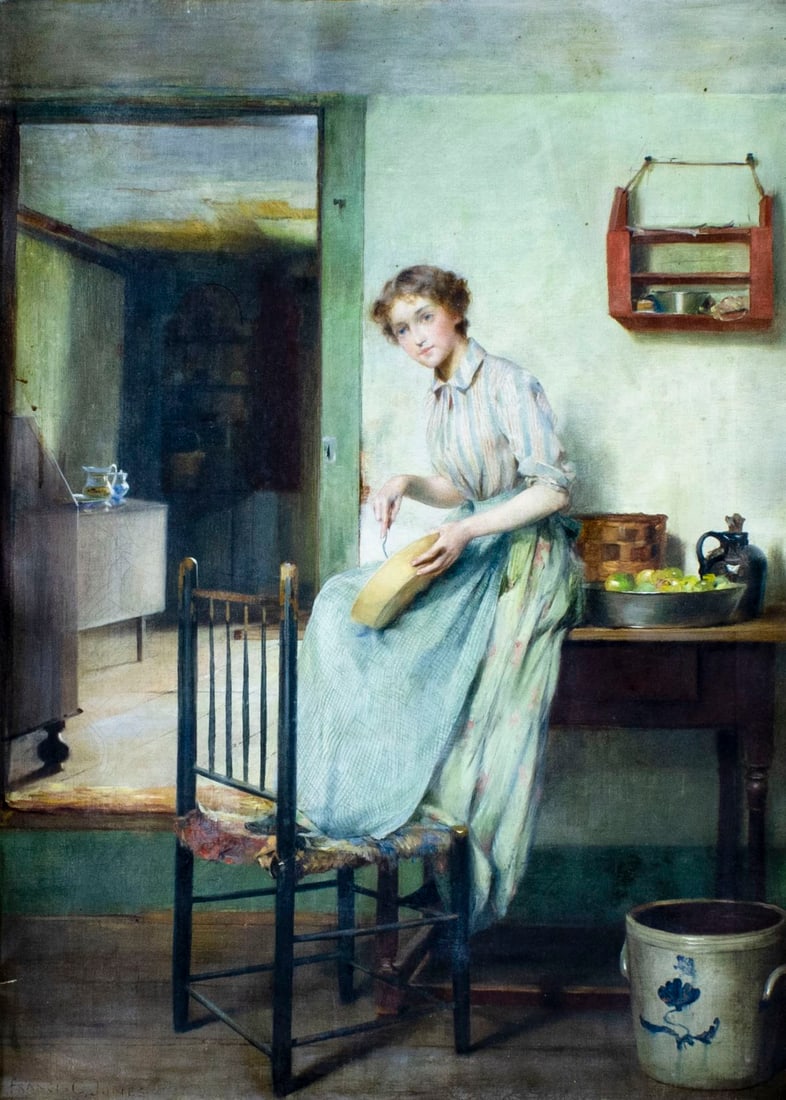 Francis Jones (CA,MD,NY,France,1857-1932) oil painting antique: ARTIST: Francis Coates Jones (California, Maryland, New York, French, 1857 - 1932) TITLE: Woman Cooking MEDIUM: oil on canvas CONDITION: Few minor paint losses. Some craquelure. Few small inpaintings.