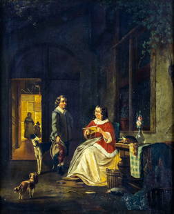 Paul Emile Nicolie (Belgium,1828-1894) oil painting antique: ARTIST: Paul Emile Nicolie (Belgian, 1828 - 1894) TITLE: Reading the Letter YEAR: 1861 MEDIUM: oil on board CONDITION: Missing a few flakes of paint. Some craquelure. No visible inpaint under UV light
