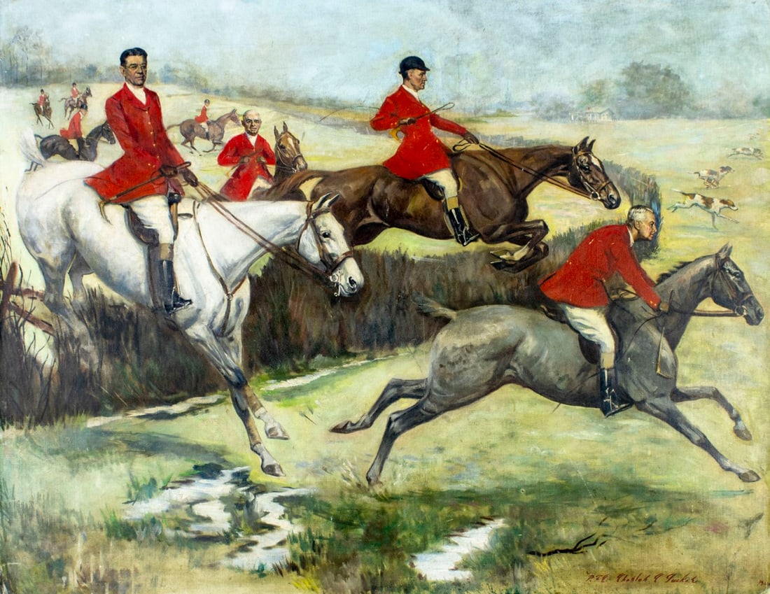 Charles Tucker (UK,mid 20C) oil painting: ARTIST: Charles Tucker (United Kingdom, mid 20 century) TITLE: Hunting Scene MEDIUM: oil on canvas. Canvas applied to board. CONDITION: Some damages to corners. Few nail holes. Some scratches. Some sm