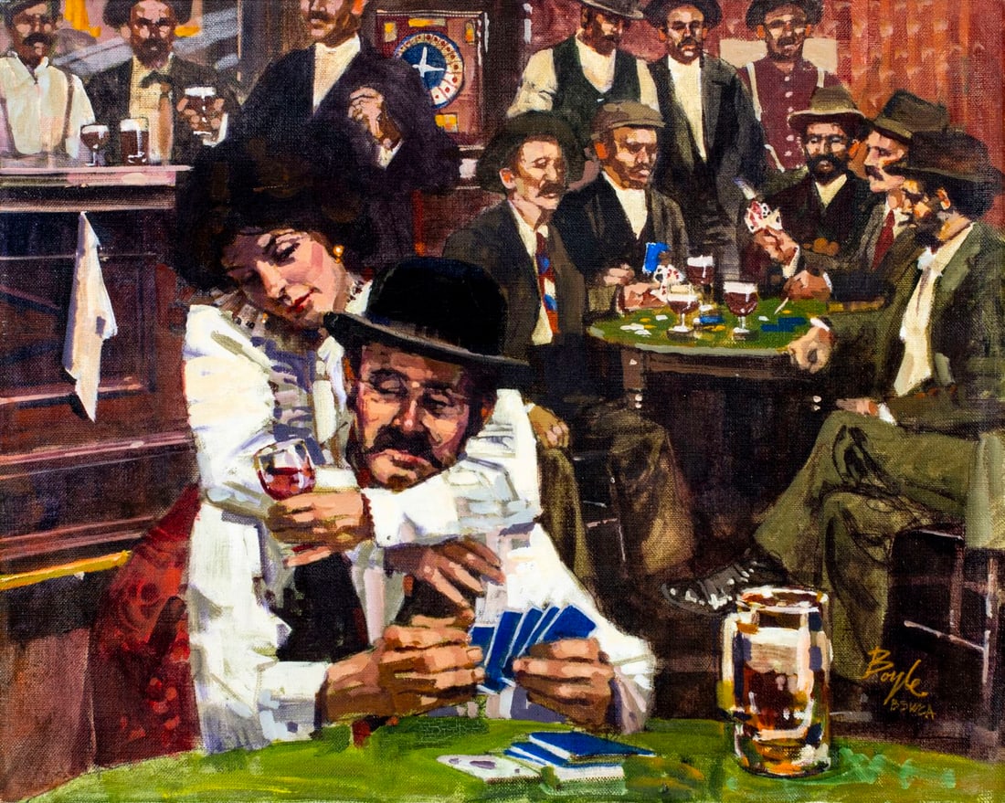 Neil Boyle (CA,Canada,1931-2006) oil painting: ARTIST: James Neil Boyle (California, Canadian, 1931 - 2006) TITLE: Saloon Scene MEDIUM: oil on canvas CONDITION: Minor craquelure. No visible inpaint under UV light. ART SIZE: 16 x 20 inches / 40 x 5