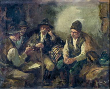 Antal Anton Peczely (Hungary,1891-1963) oil painting: ARTIST: Antal Anton Peczeli (Hungarian, 1891 - 1963) TITLE: Interior Scene MEDIUM: oil on canvas CONDITION: Few minor paint losses. Some inpaintings along edges. Wear to frame. ART SIZE: 17 x 21 inche